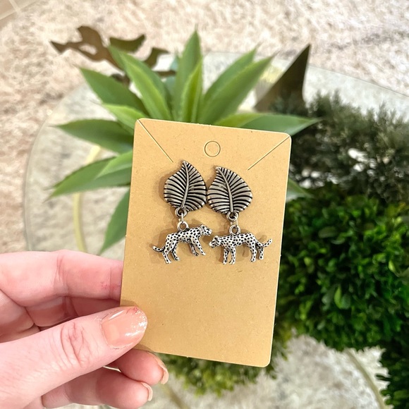 Silver Leaf Cheetah Earrings - Picture 3 of 3